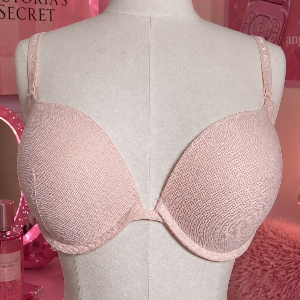 Victorias Secret Push-Up Bra Pink Mesh Polka Dot 34DD Coquette Romantic Girly‎